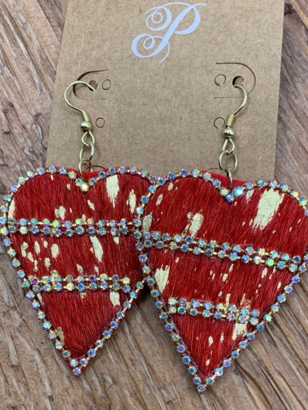 Red Heart Drop Earrings with Iridescent Rhinestone Crystal Trim